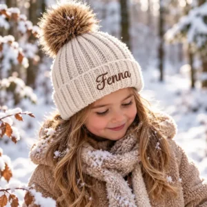 Gebreide kindermuts met naam geborduurd - beige