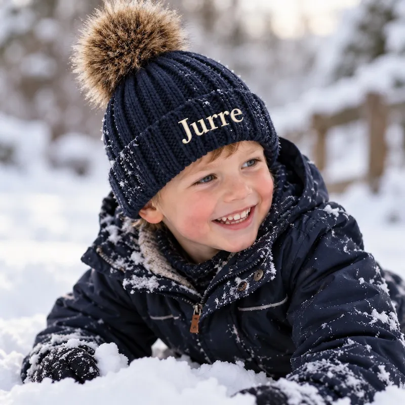 Gebreide kindermuts met naam geborduurd - donkerblauw